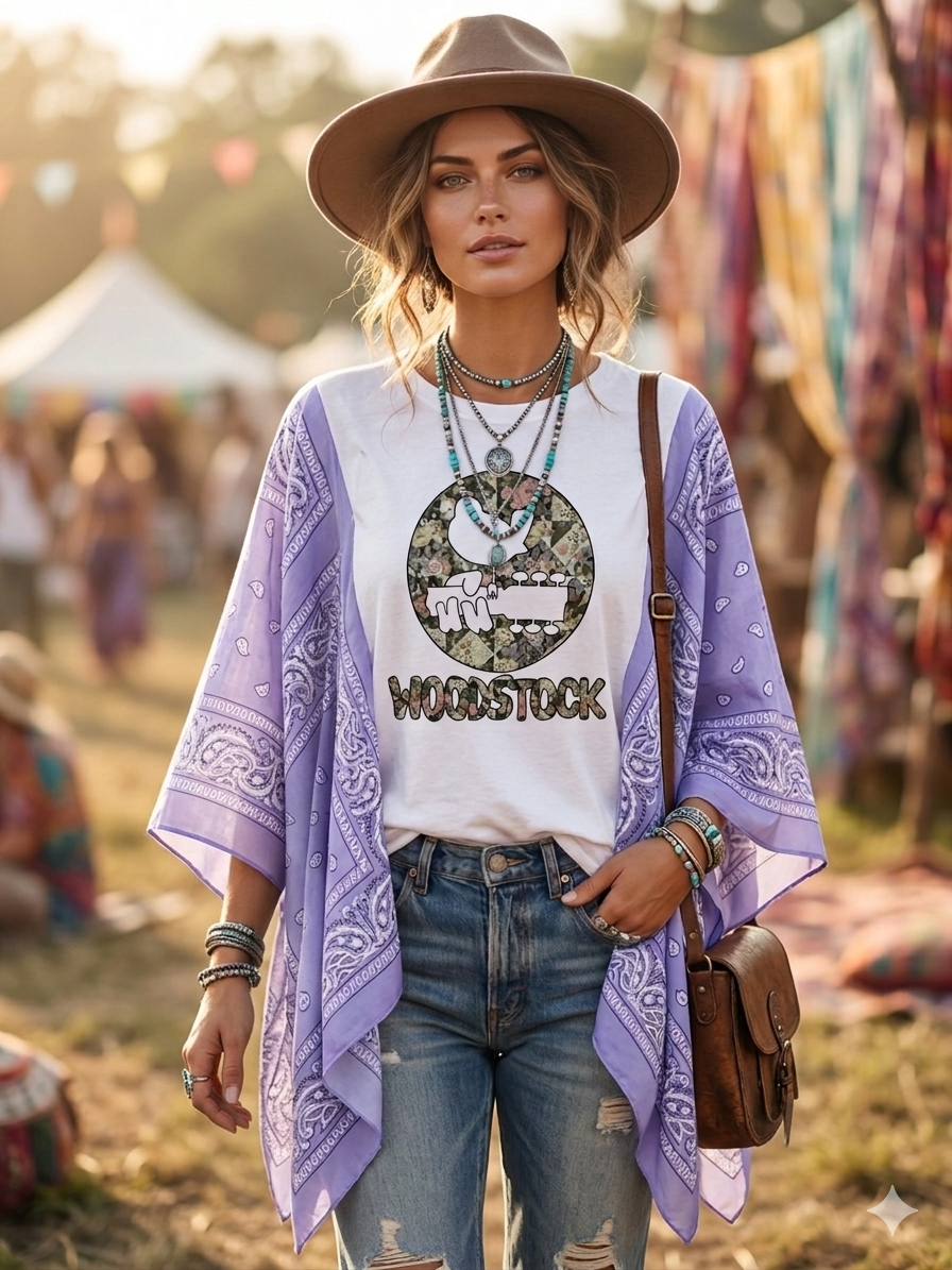 Woodstock in Lavender Bandana Poncho Tee Fits a Small to Large