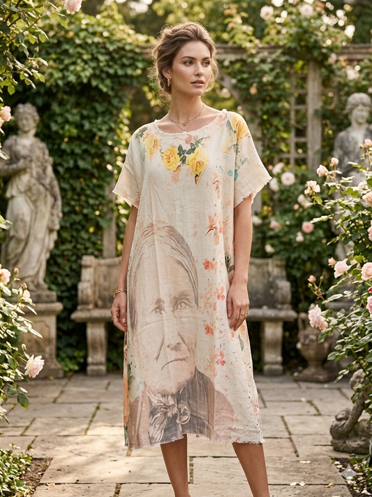 Kaftan Tunic Dress with Floral and Chief Joseph Print One Size Fits Small to XXL