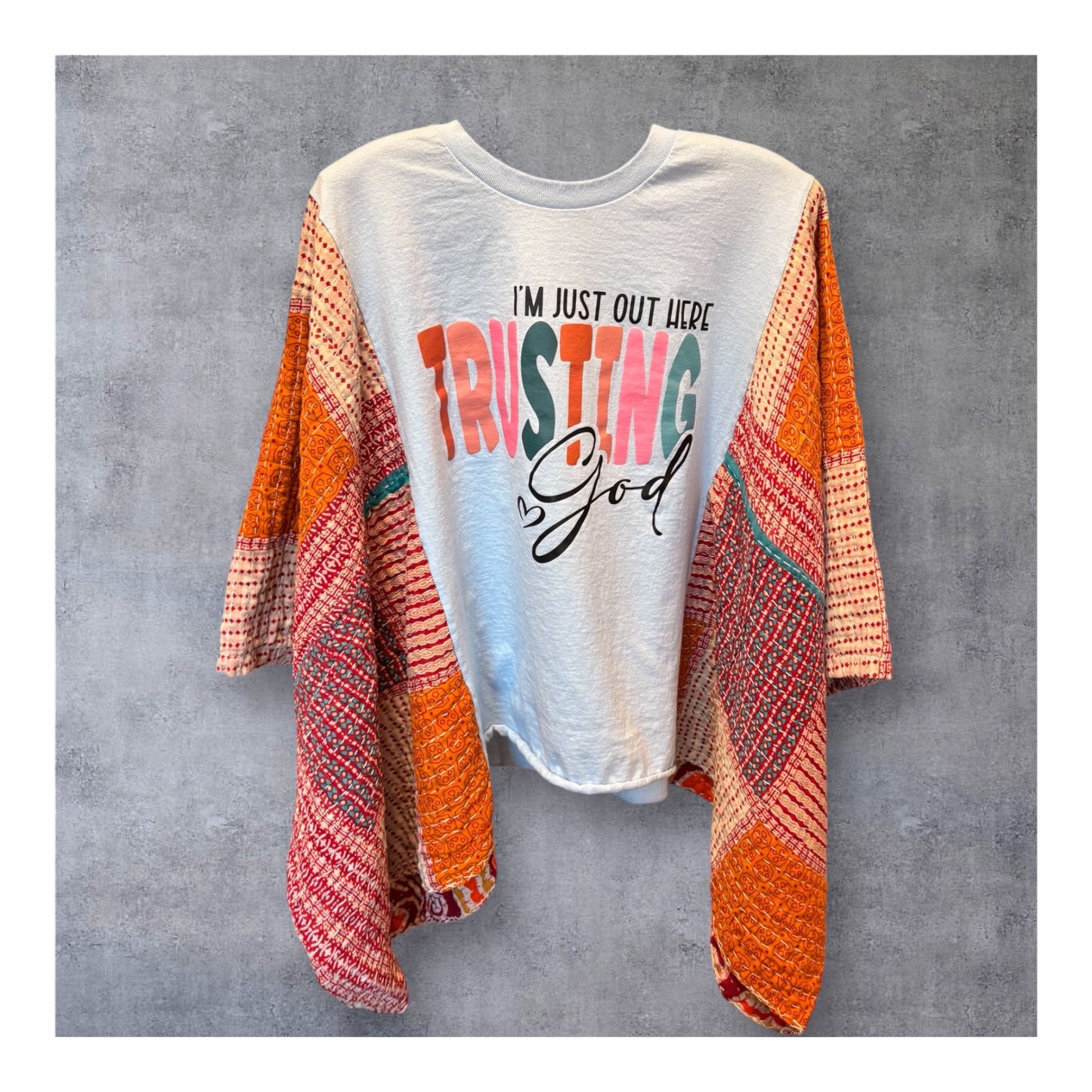 Trusting GOD Upcycled Vintage Kantha Quilt Poncho Tee One Size Fits a Small to XL