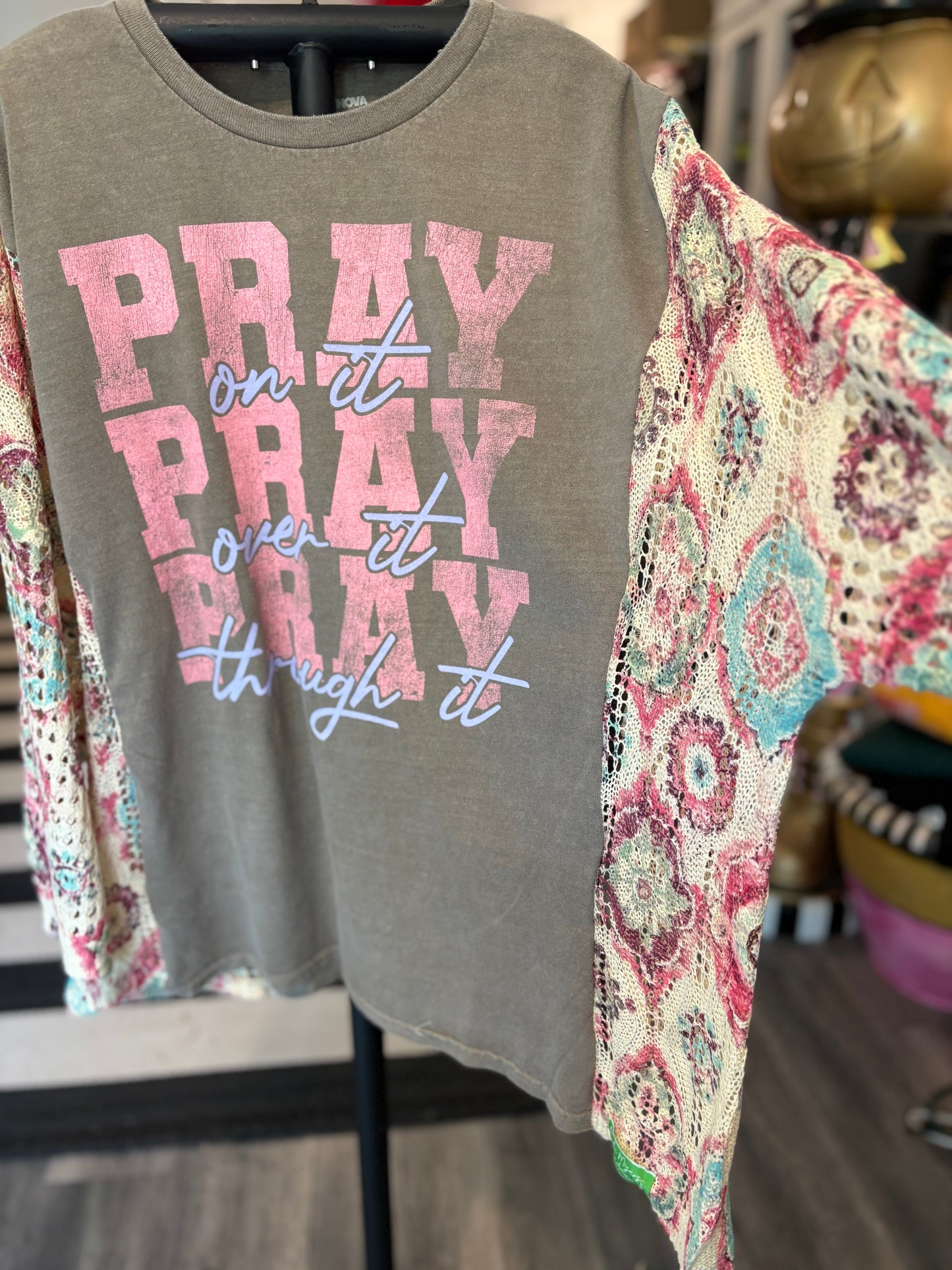 Pray Upcycled Drop-Sleeve Crochet Sweater One Size Fits a Small to 3X
