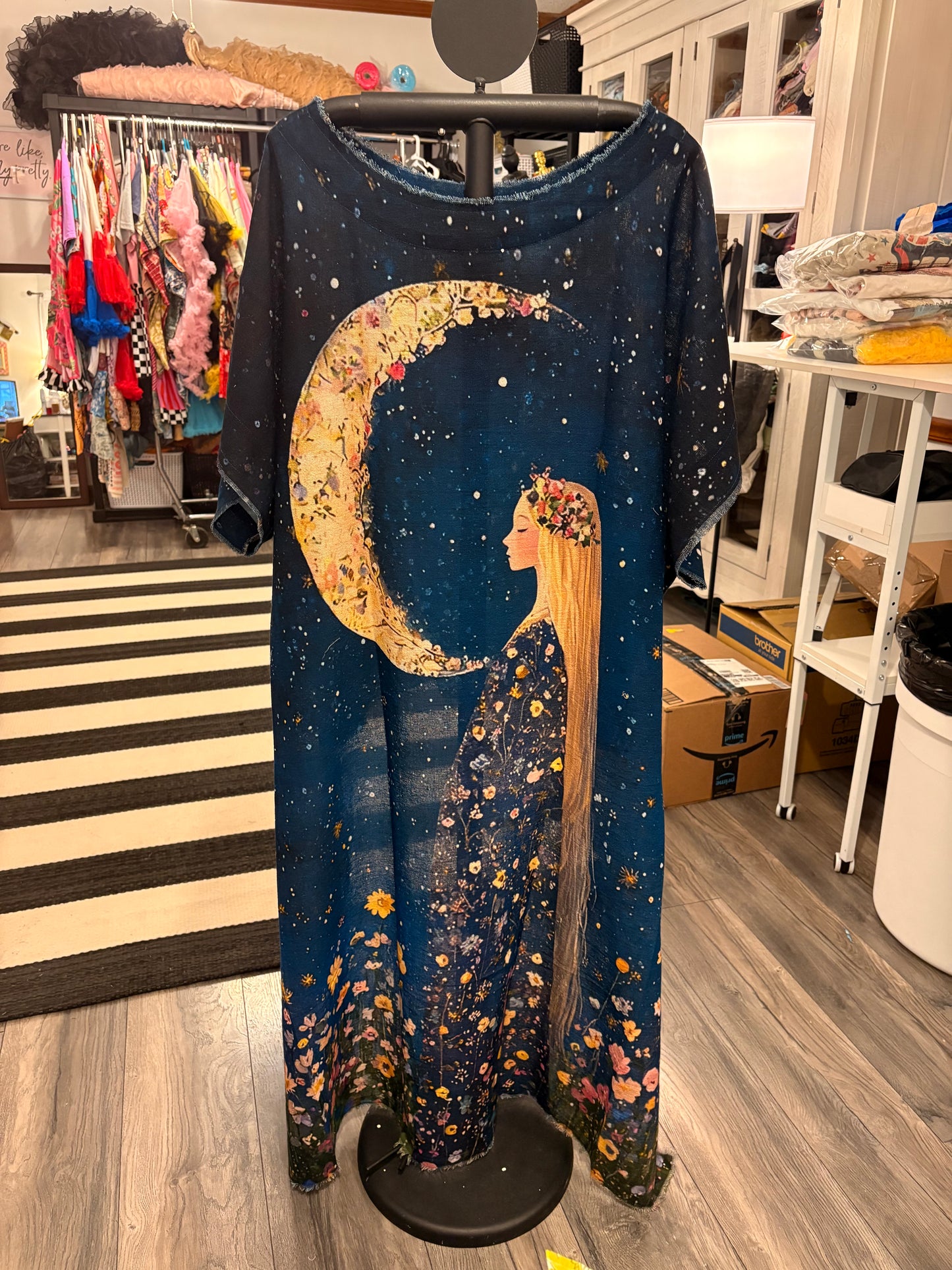 Hi-Lo Tunic with Girl Under Night Sky & Planet Print