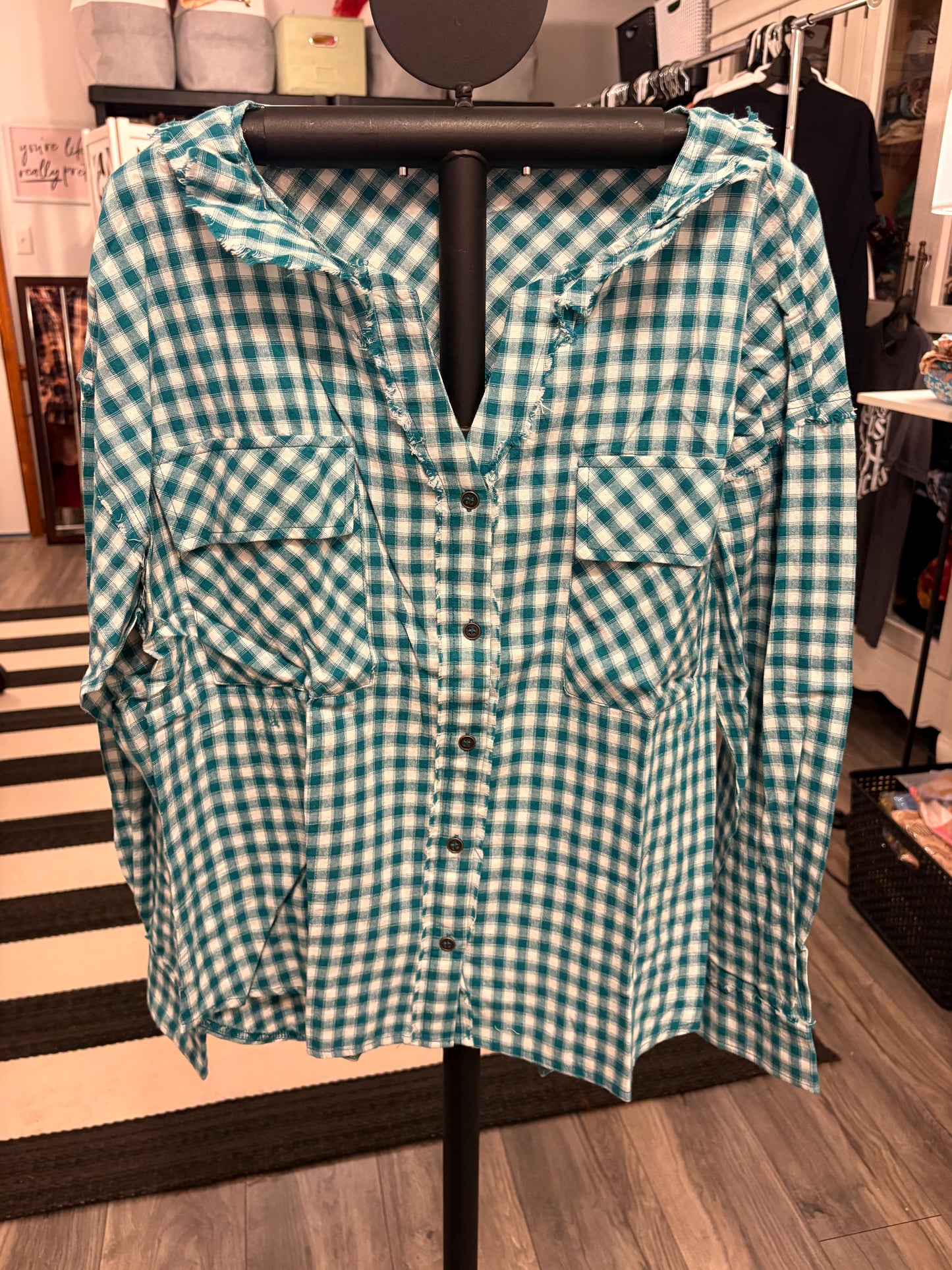 Teal Gingham Button Down Large