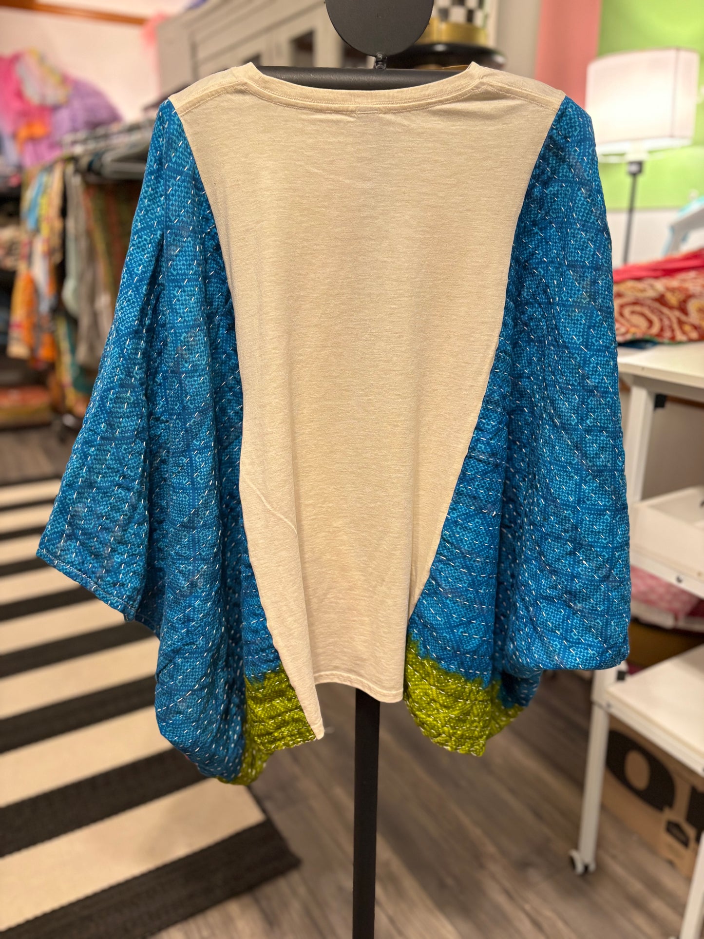 Yellow Submarine Upcycled Vintage Kantha Poncho Tee Fits A Size Small to 3X