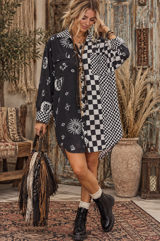 MIXED PRINT OVERSIZED BUTTON SHIRT: BLACK/WHITE