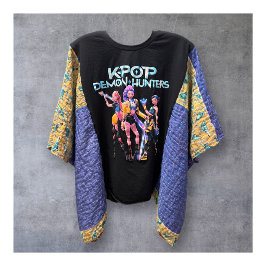 K-POP Upcycled Vintage Kantha Quilt Poncho Tee One Size Fits a Large to 3X