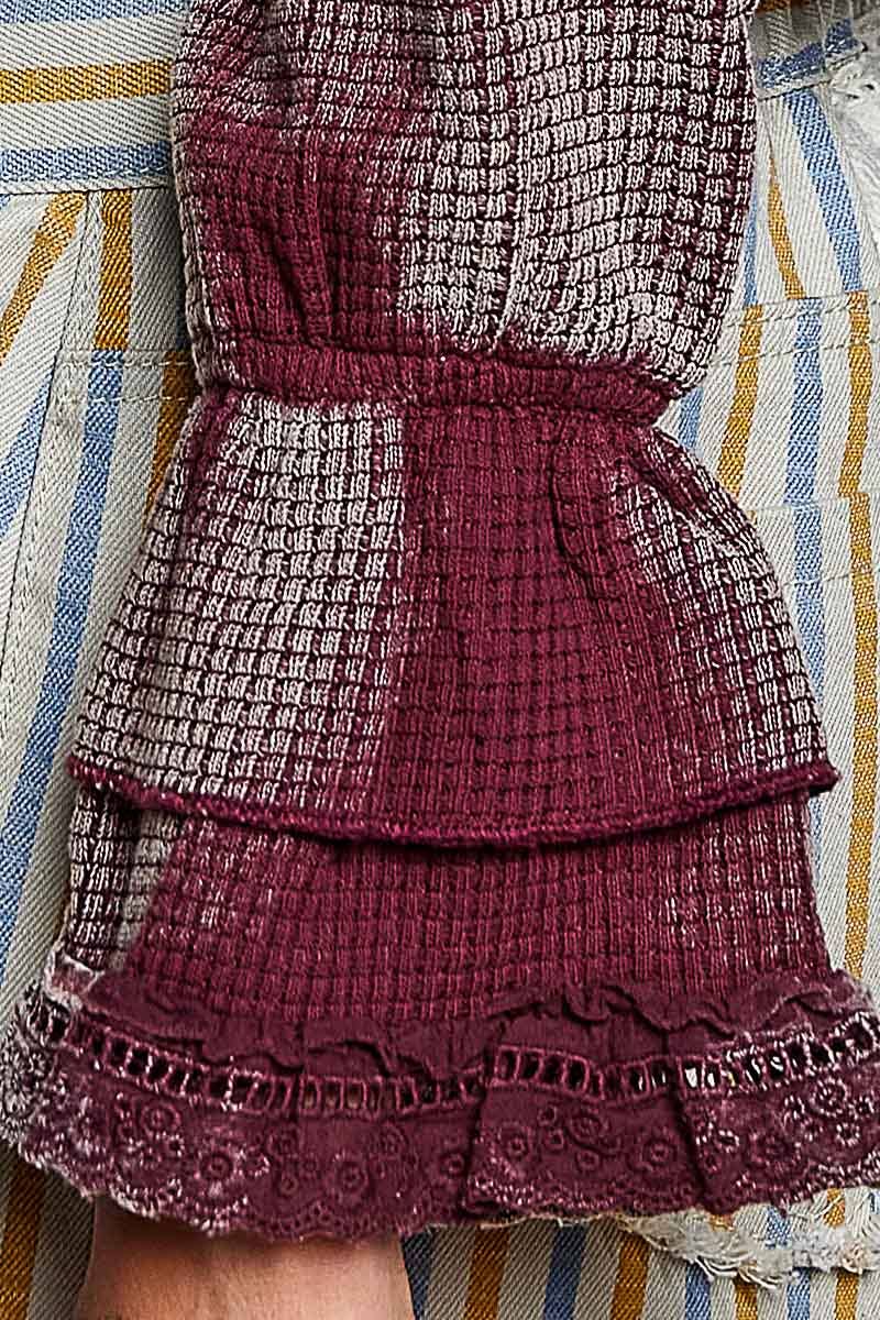 Gingham Lace Ruffle Tie Front Thermal Flared Cropped Top: BLOOD RED / M