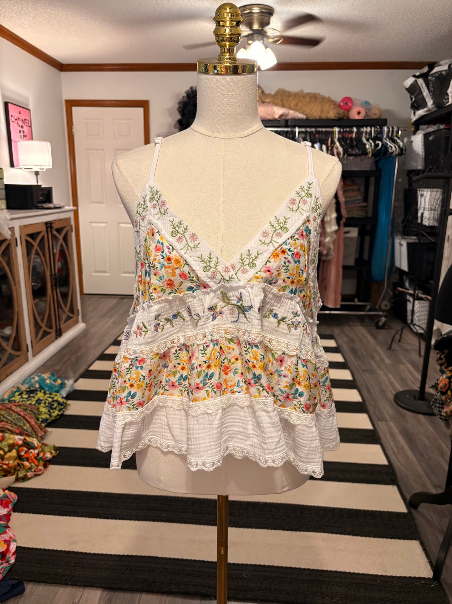 Embroidered Ruffle Tank Large