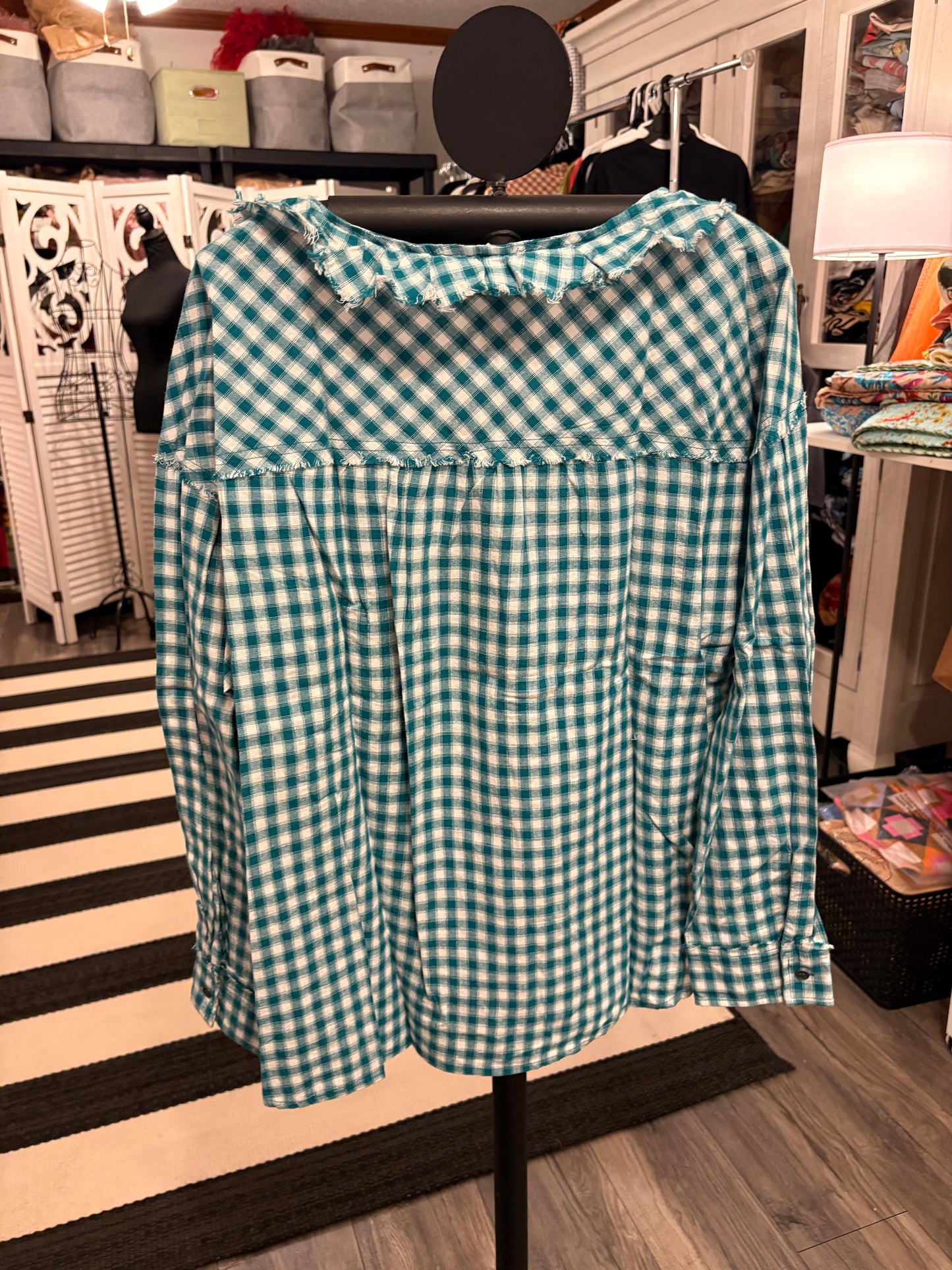Teal Gingham Button Down Large