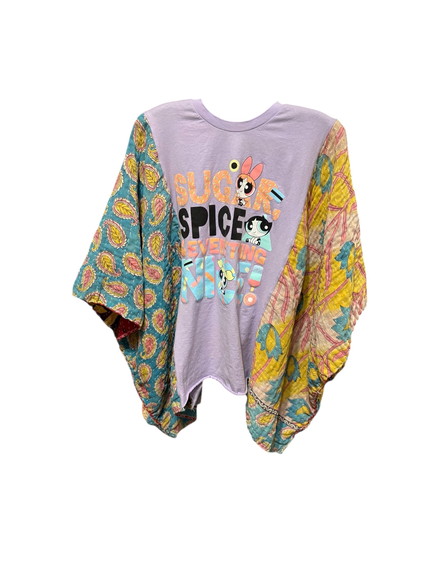 Power Puff Upcycled Vintage Kantha Poncho Tee Fits A Size Small to XXL
