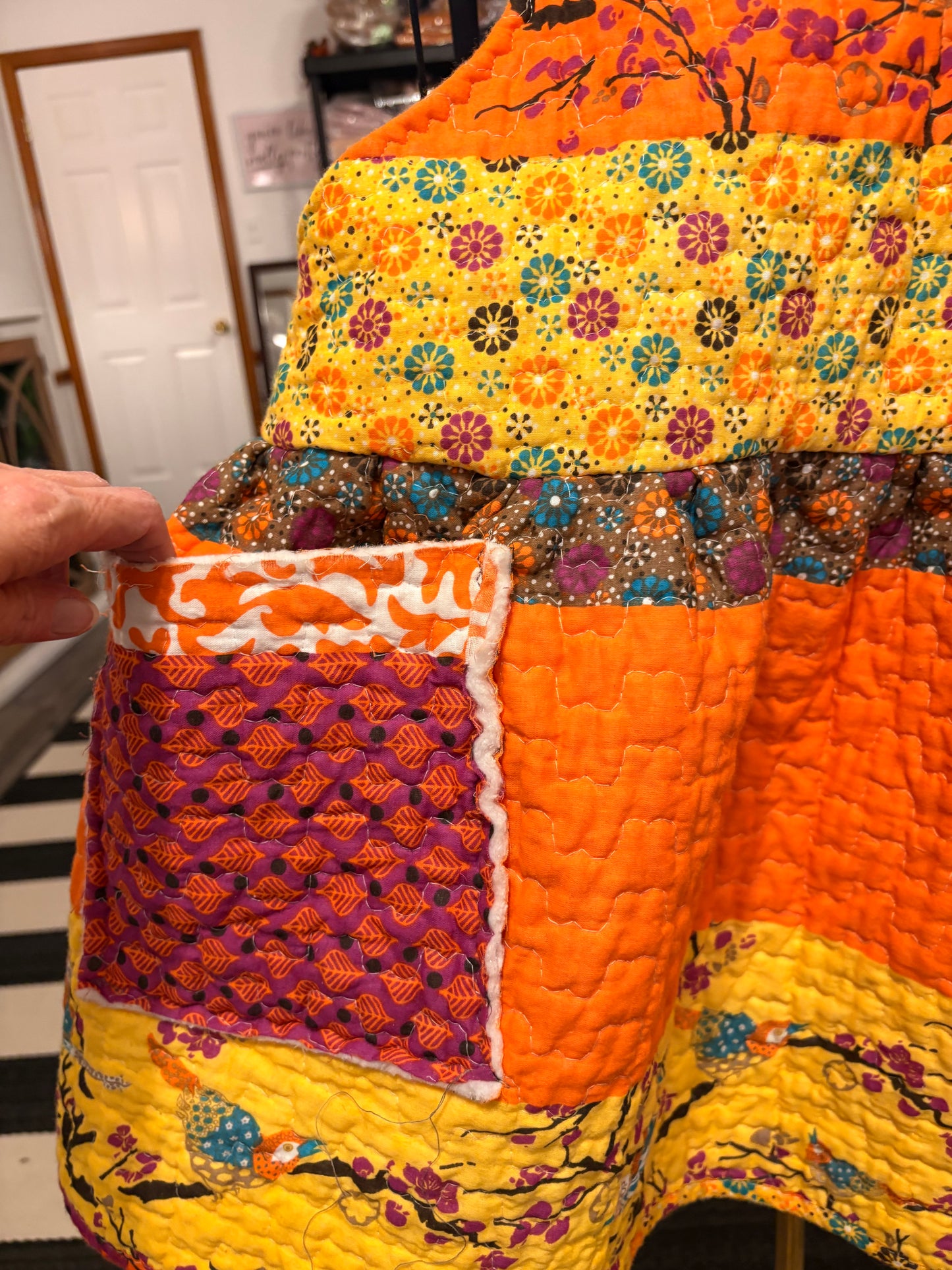 Mandarin Day Upcycled Quilt Art Smock with Pockets One Size Fits a Small to XL Oversized!