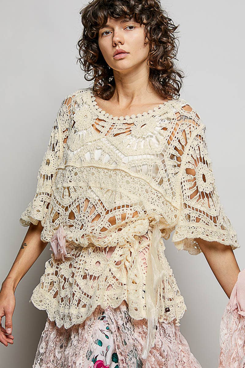 Round Neck Weaving Pattern Crochet half sleeve Top: OLIVE / One Size Fits Small to XXL