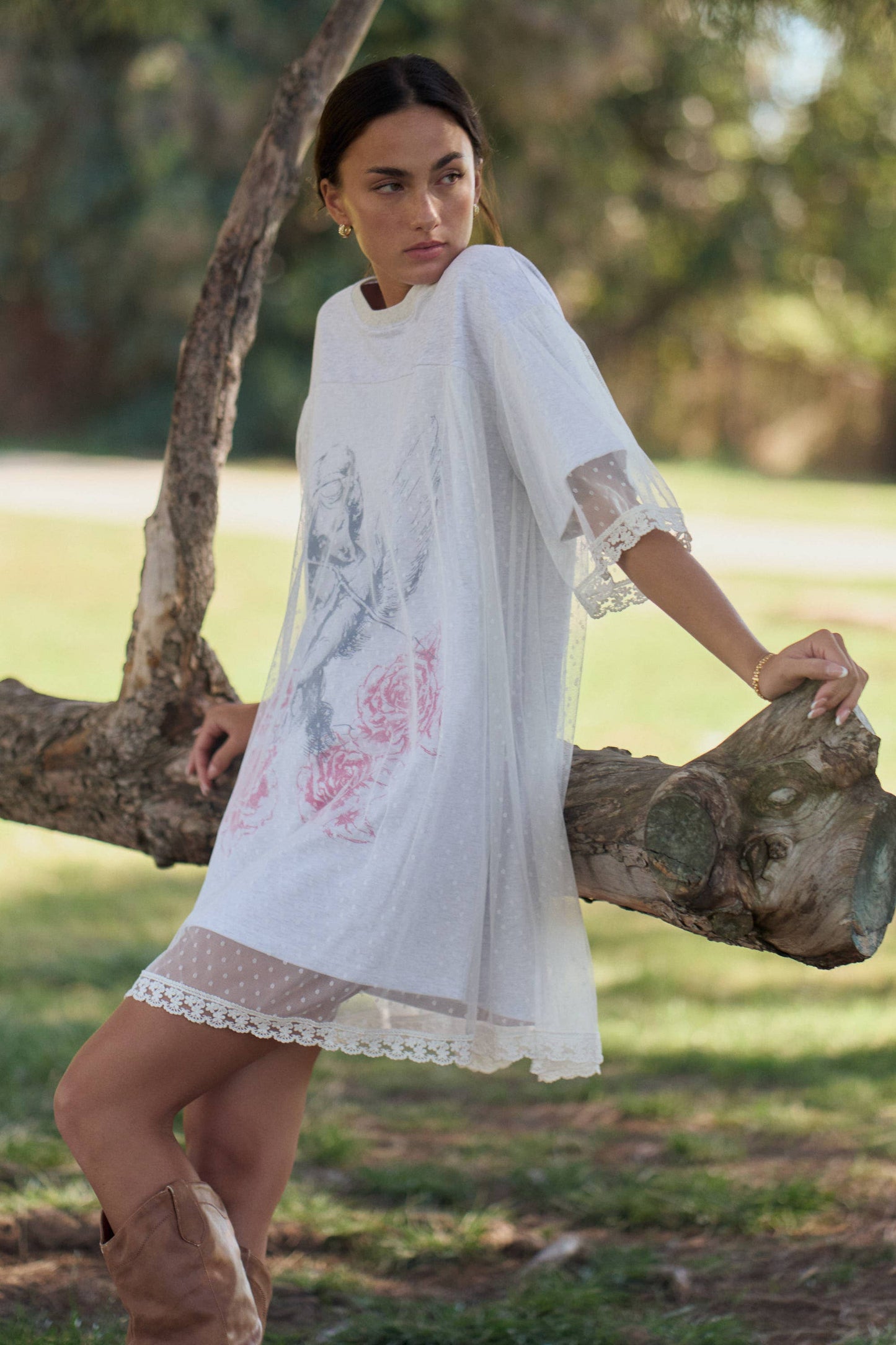 PED60125-PLUS ANGEL PRINTED DOTTED MESH LAYERED DRESS: Heather Grey / 2XL