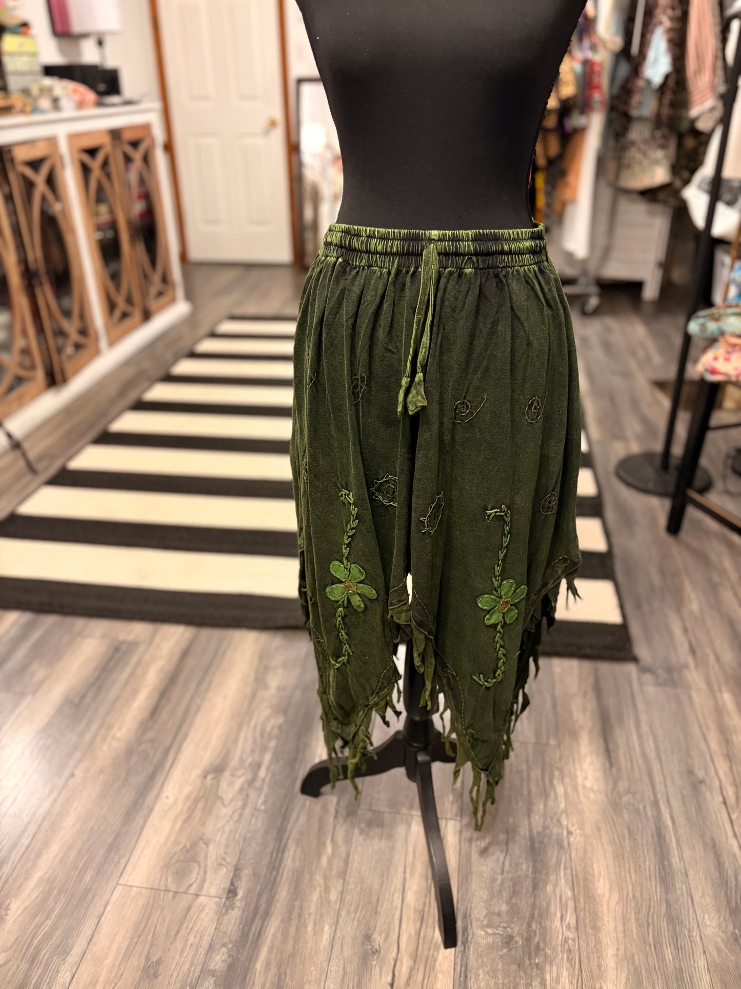 Green Fairy Cotton Hippie Handmade Floral Embroidered Stone Washed Fringe Skirt One Size Fits Small to XL