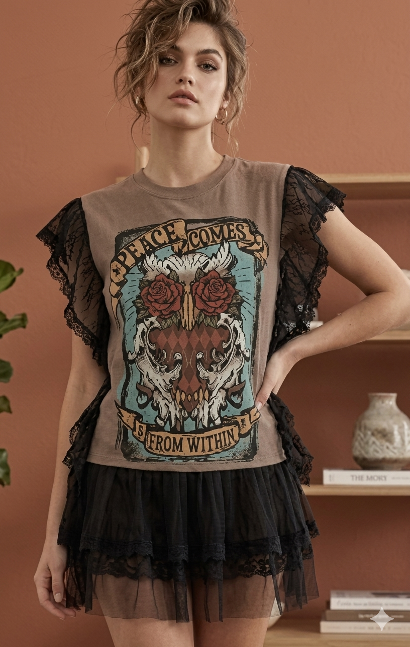 Peace Comes From Within Upcycled Ruffled Boxy Top One Size Fits a Small to Large