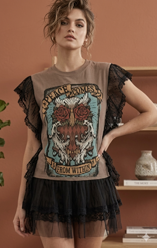 Peace Comes From Within Upcycled Ruffled Boxy Top One Size Fits a Small to Large