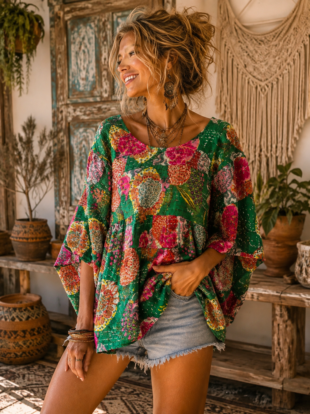 Endora Kantha Circle Top One Size Fits a Small to 3X
