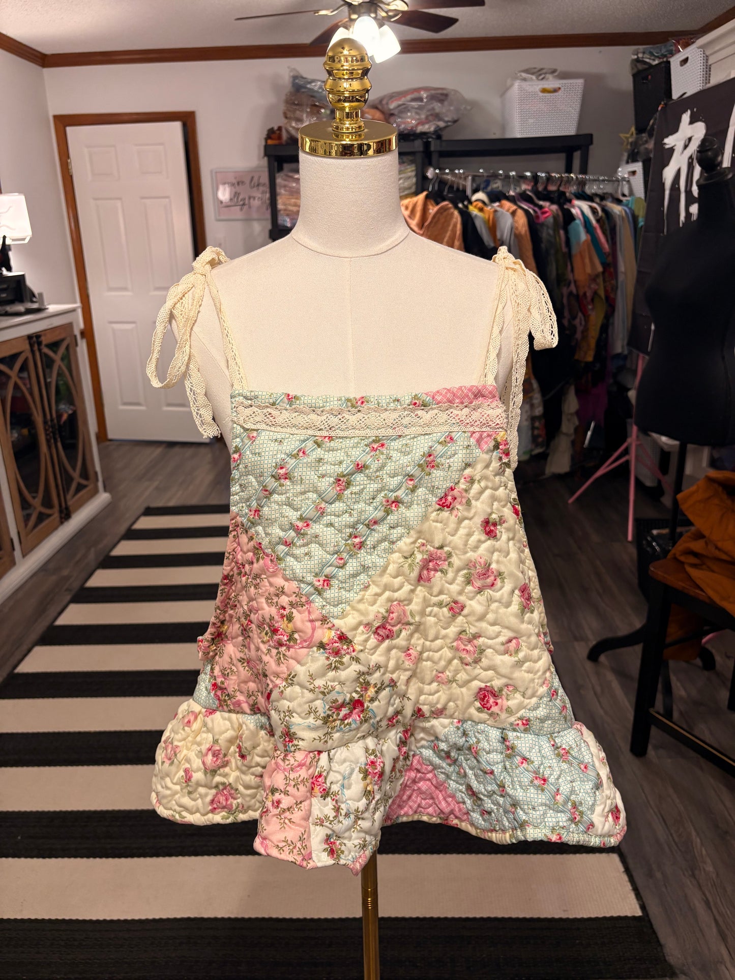 Shabby Chic Upcycled Quilt Art Smock Cropped One Size Fits a Small to XXL Oversized!