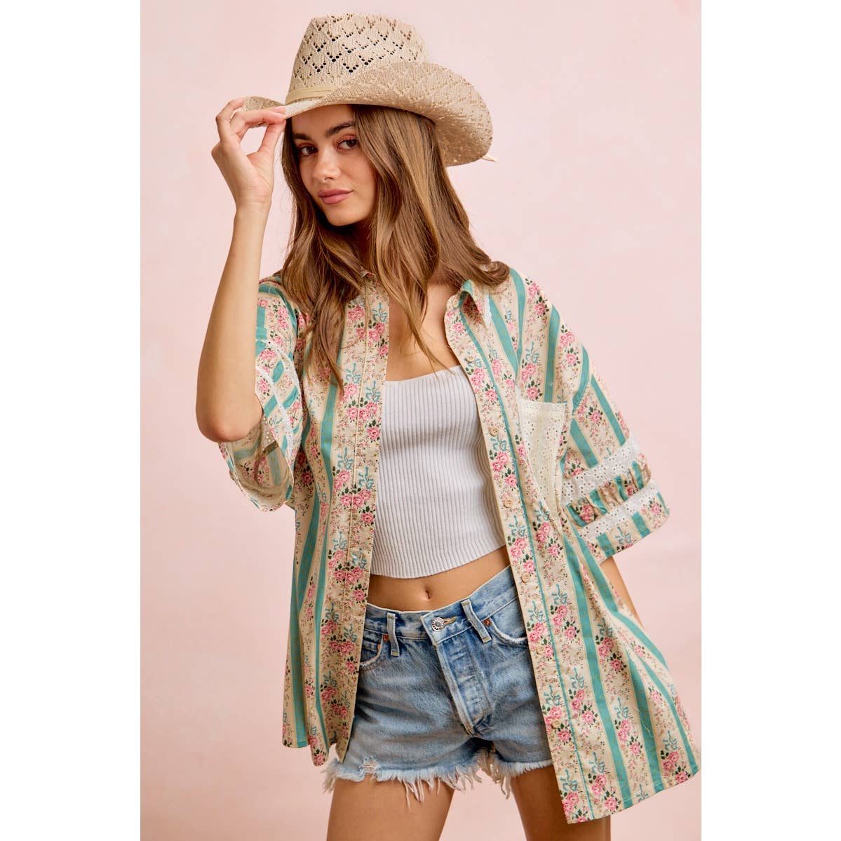 EYELET LACE AND FLORAL MIX AND MATCH SHIRT TOP: TEAL / M 6-10