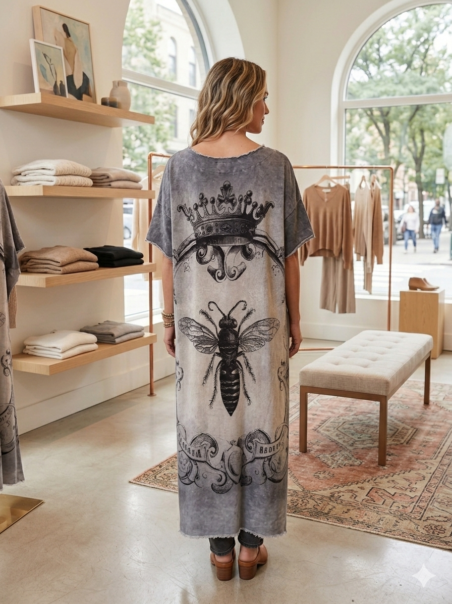 Hi-Lo Tunic with Queen Bee Print in Gray
