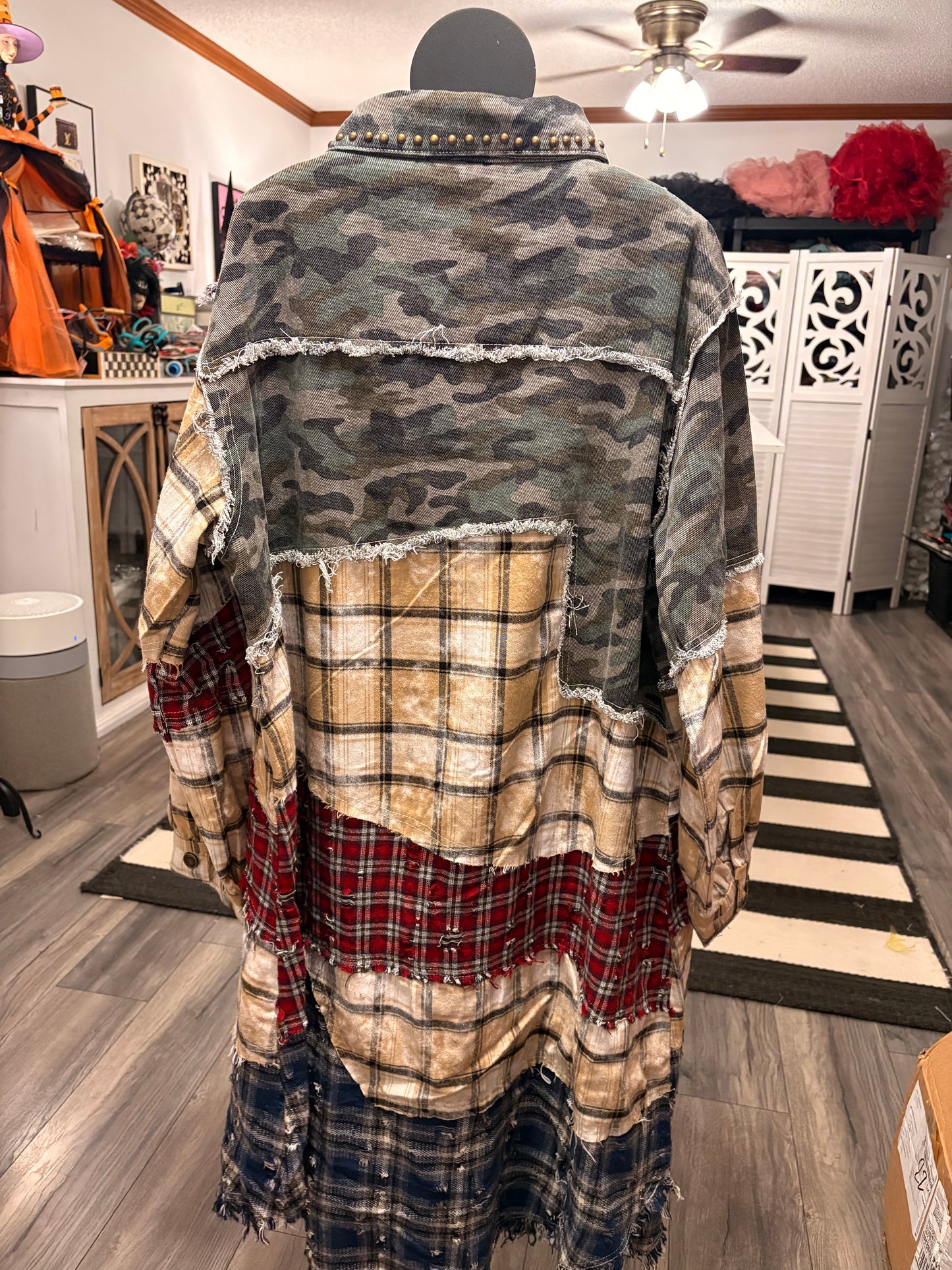 Long Sleeve Plaid Woven Varied Patchwork Maxi Shirt Jacket: CAMO MULTI / M