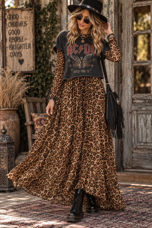 ANIMAL PRINT MESH MOCK DRESS: MOCHA BROWN