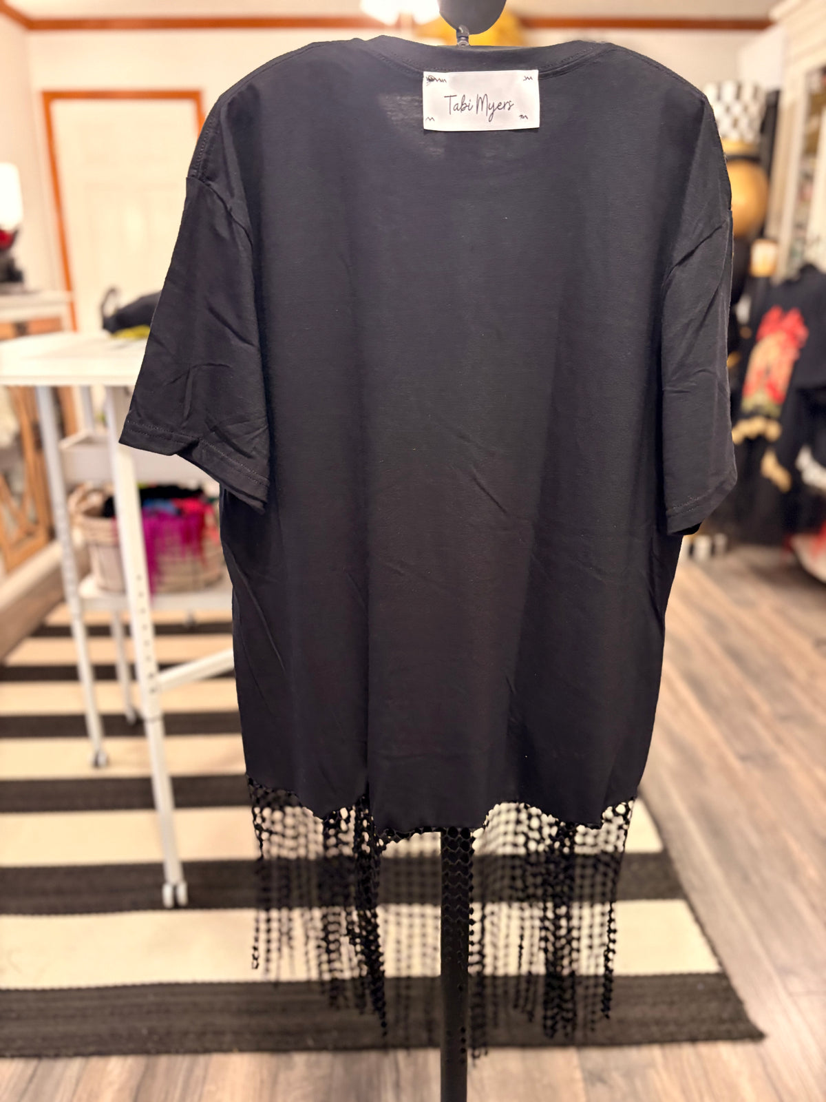 She’s Just a Girl Glam Fringe Asymmetrical Tee One Size Fits Small to Large