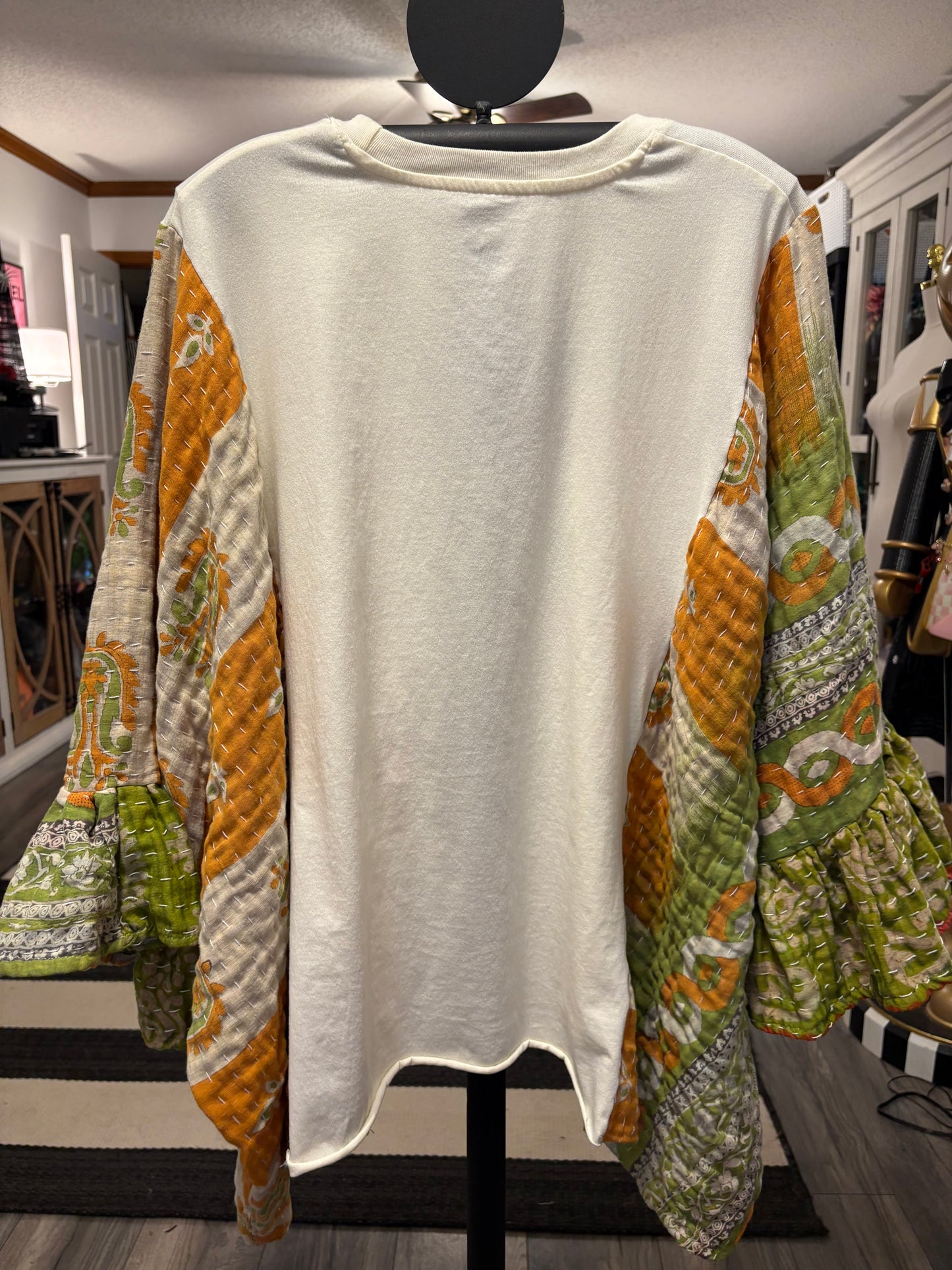 Grinchmas Upcycled Vintage Kantha Quilt Ruffle Sleeve Poncho Tee One Size Fits a Large to 3X