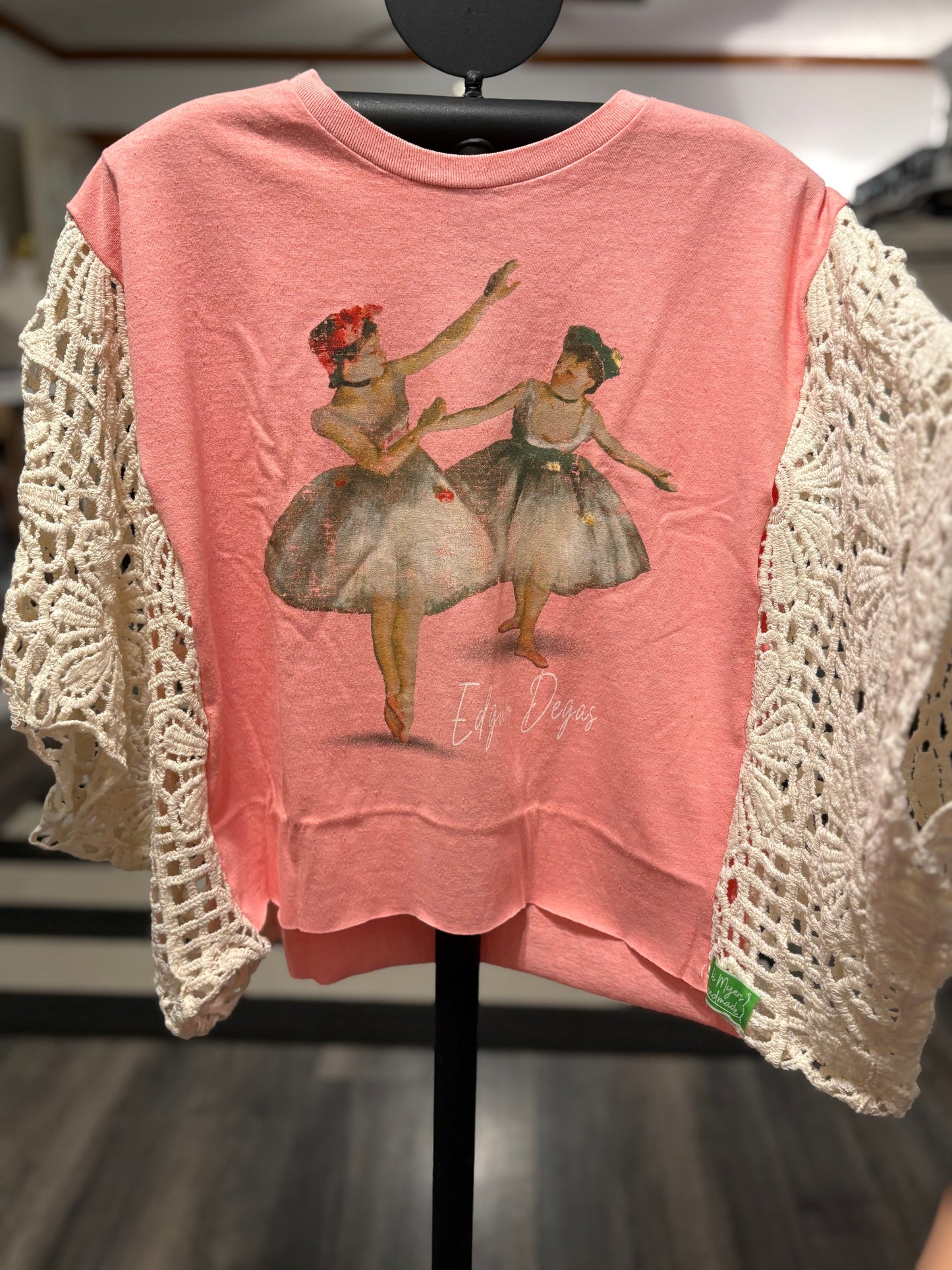 Degas Upcycled Drop Sleeve Crochet Tee One Size Fits a Small to Large SHORT Length