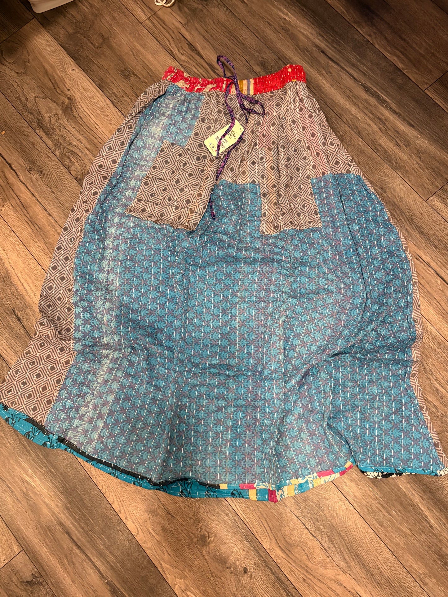 Celia Women Vintage Kantha Quilt Cotton Reversible Skirt One Size Fits Size 4-16