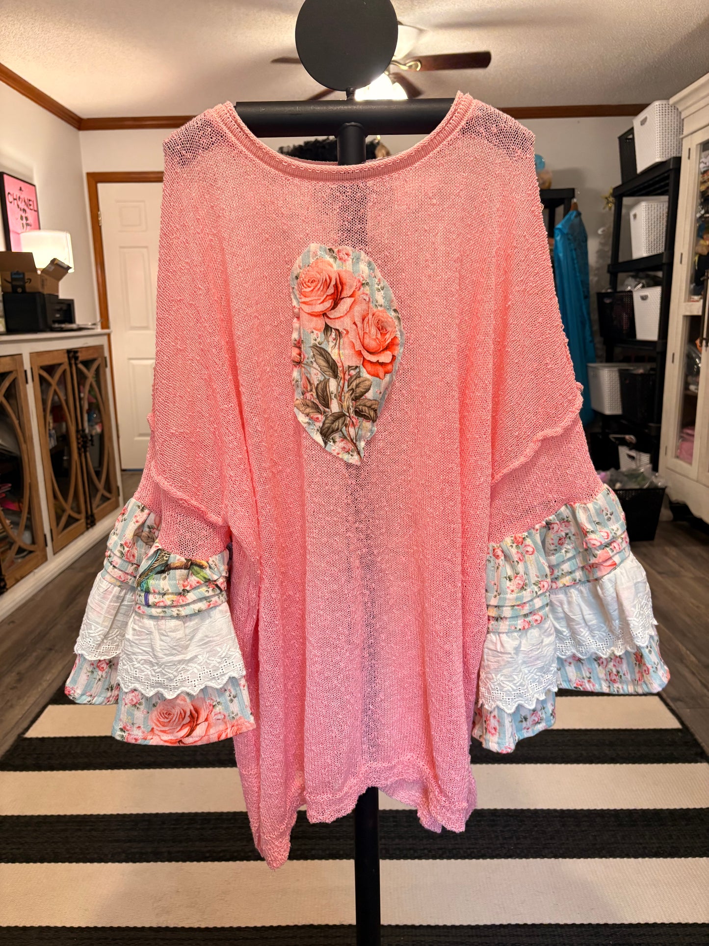 Lila Upcycled Mesh Ruffle Sleeve Sweater Fits a Small to 2X