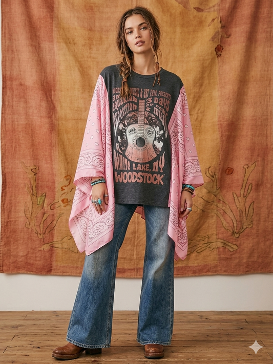 Pink Woodstock Bandana Poncho Tee Fits a Small to 3X