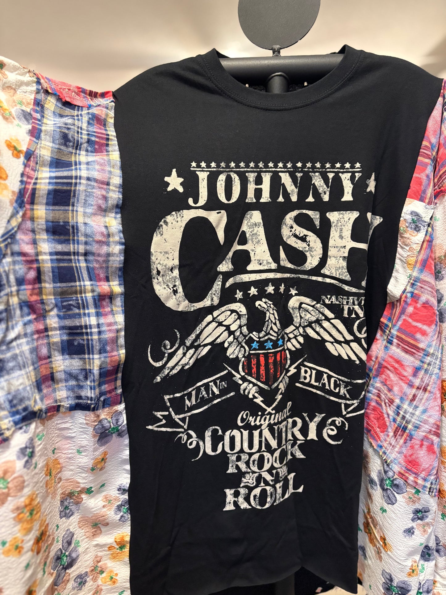 Man in Black Upcycled Frayed Patchwork Tee One Size Fits A Large to 3X Oversized