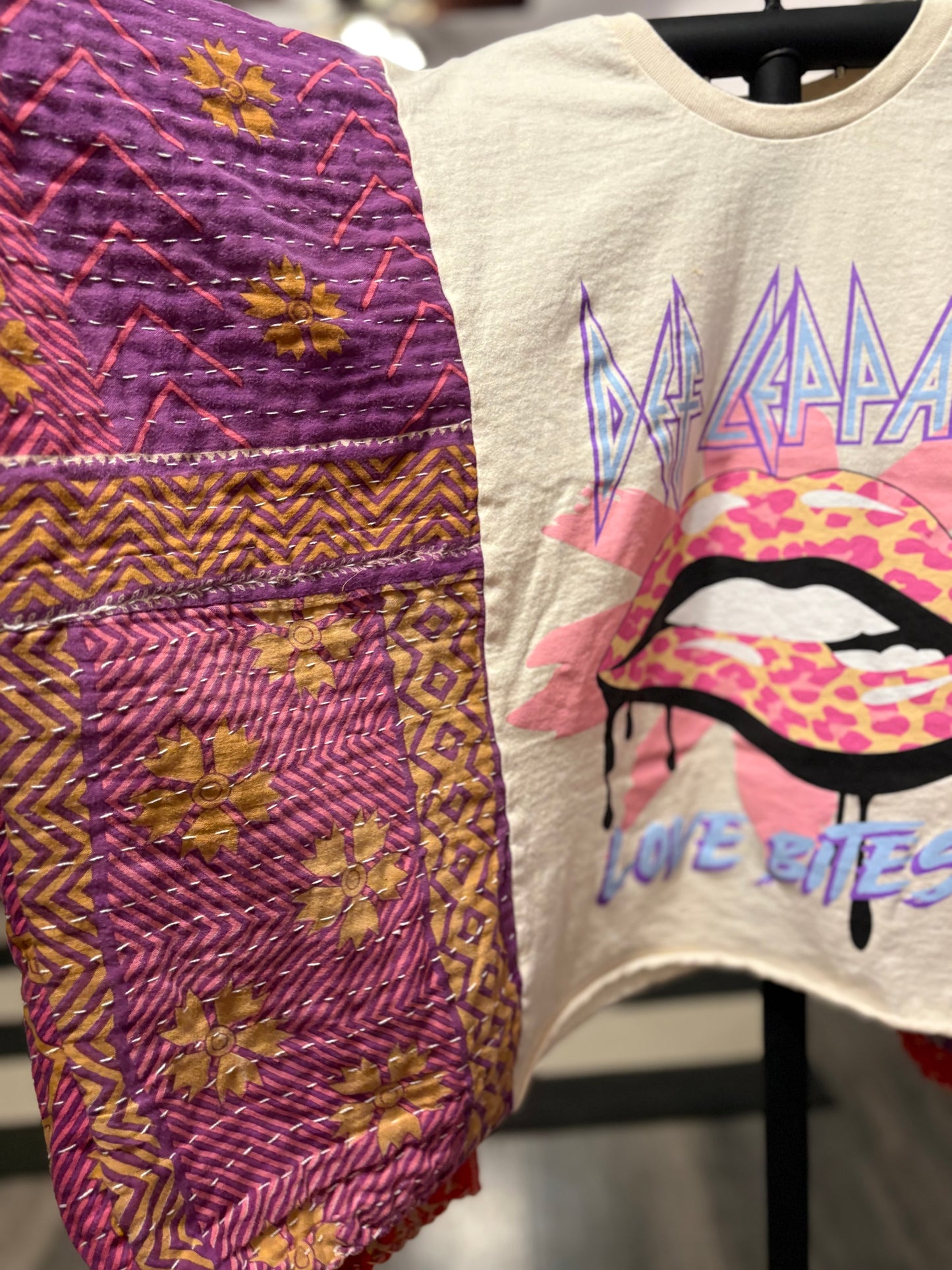 Def Leppard Upcycled Vintage Kantha Poncho Tee Fits A Size Small to XXL