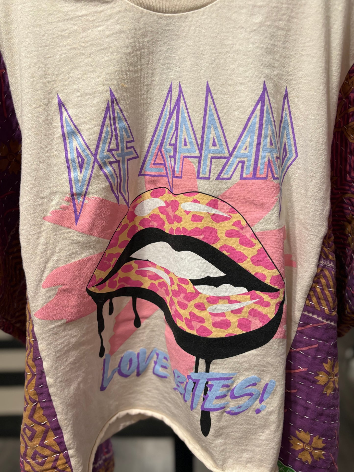Def Leppard Upcycled Vintage Kantha Poncho Tee Fits A Size Small to XXL