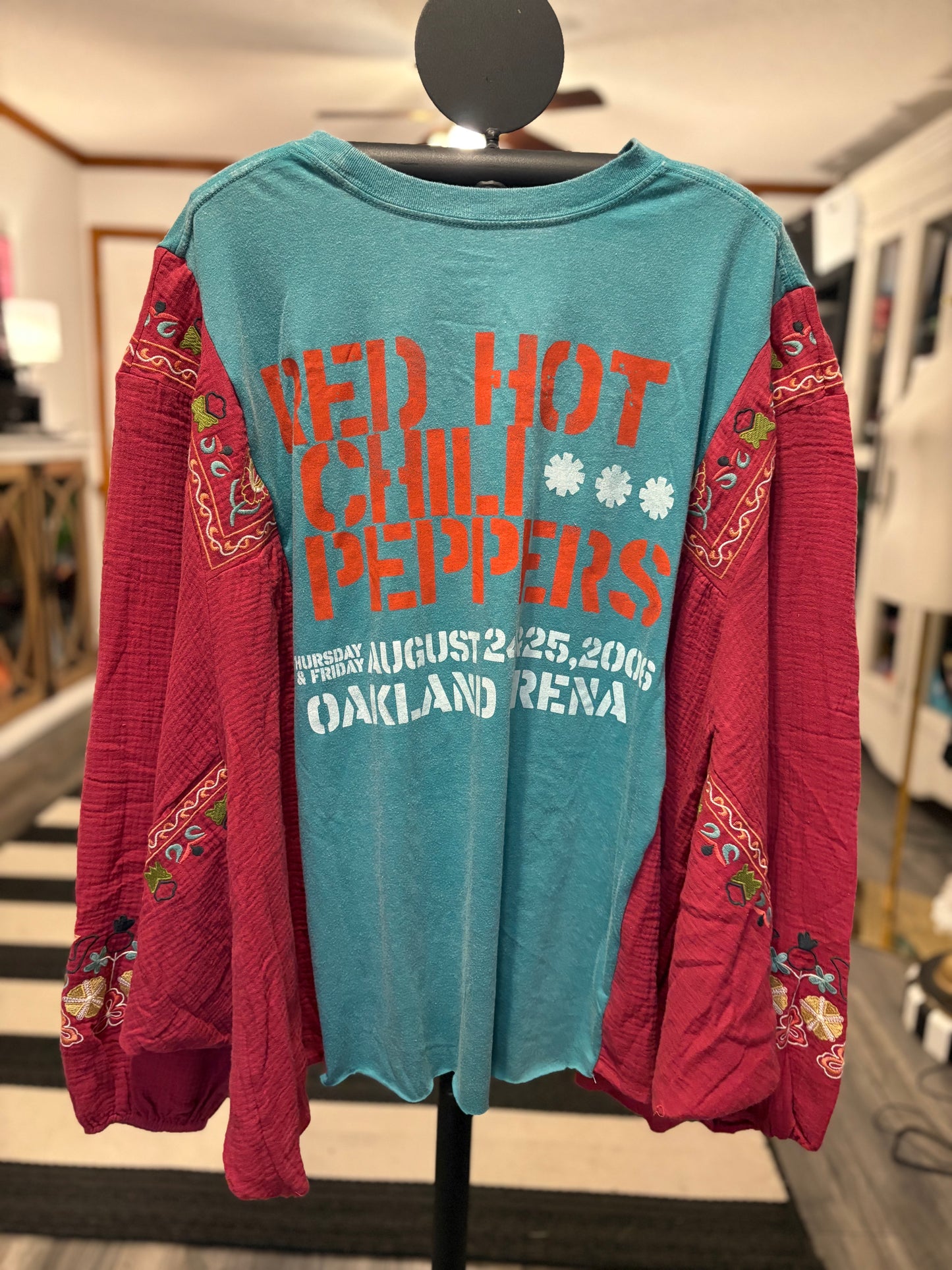 Red Hot Upcycled Drop Sleeve Embroidered Dolman Tee One Size Fits An XL to 4X Oversized