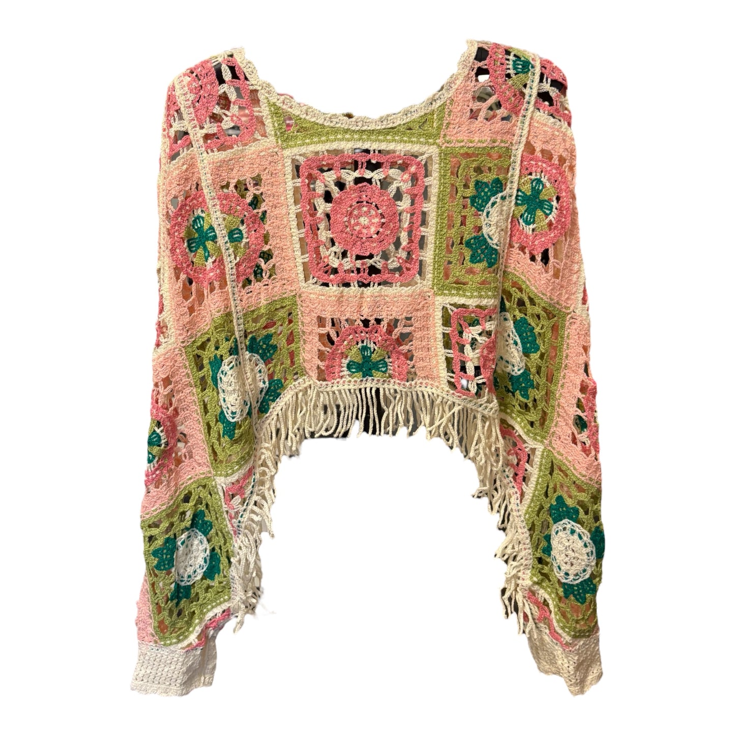 Round neck long sleeve crochet cropped fit top: PINK MULTI / OS