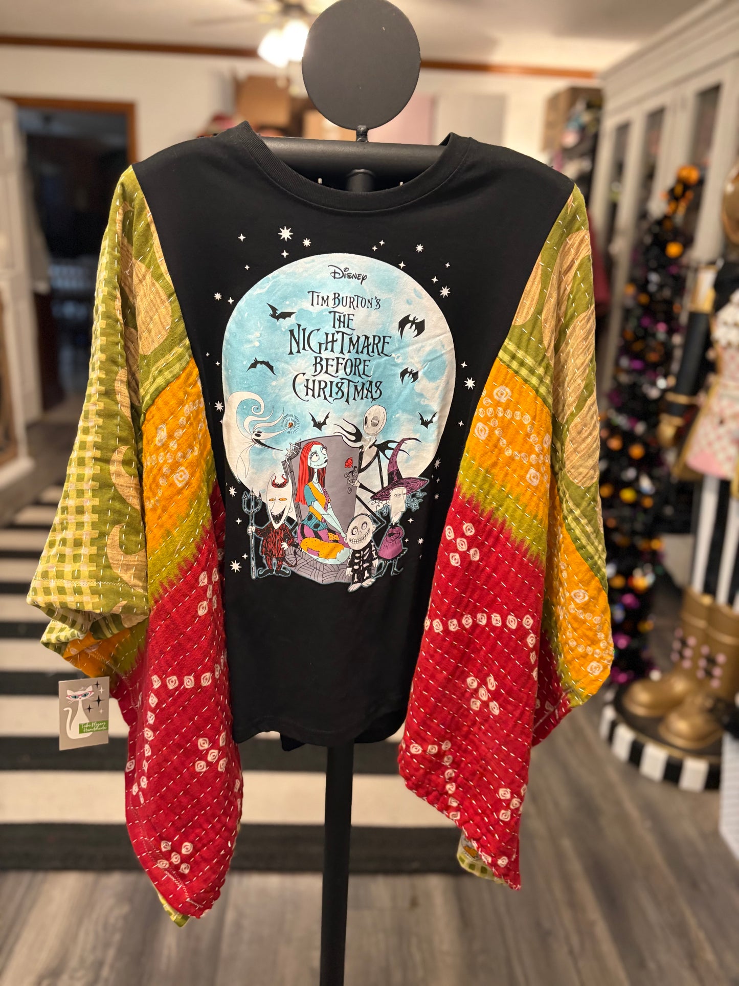 Nightmare Before Christmas Upcycled Vintage Kantha Poncho Tee Fits A Size Small to XL