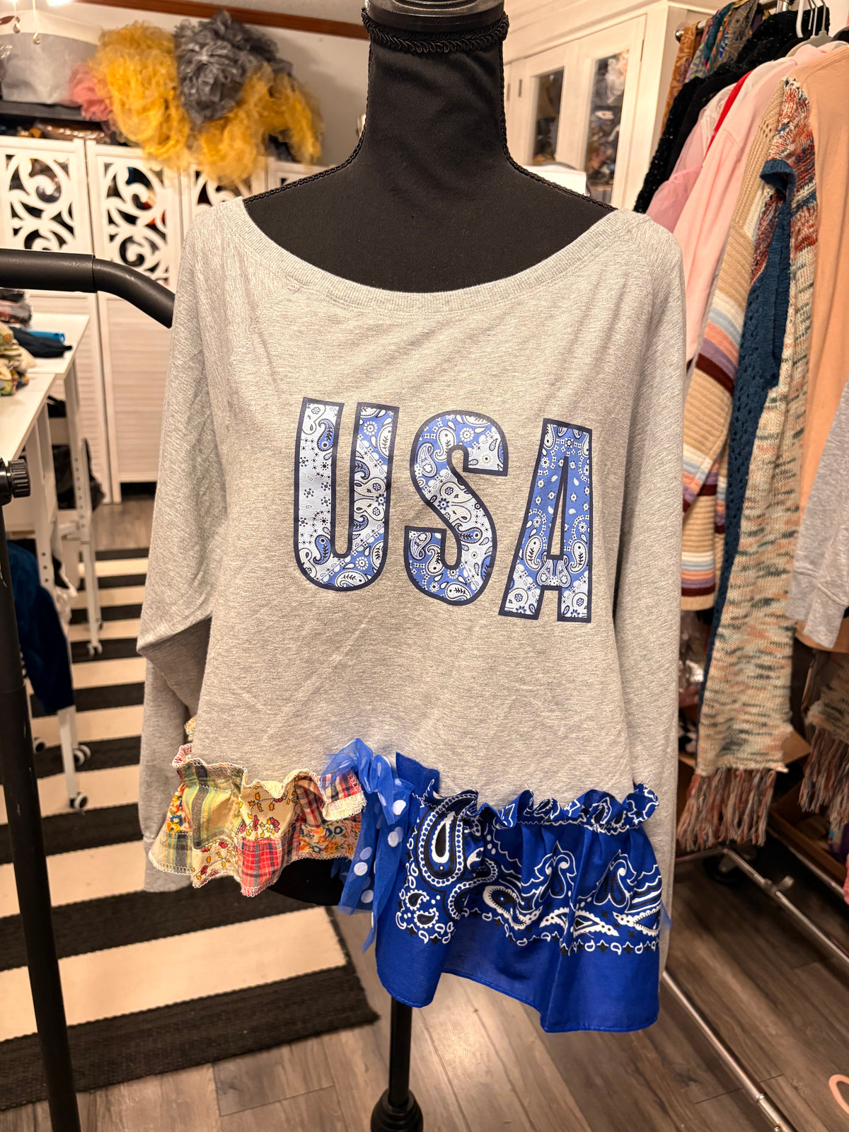 USA Glam Fringe Asymmetrical Tee One Size Fits Small to XL