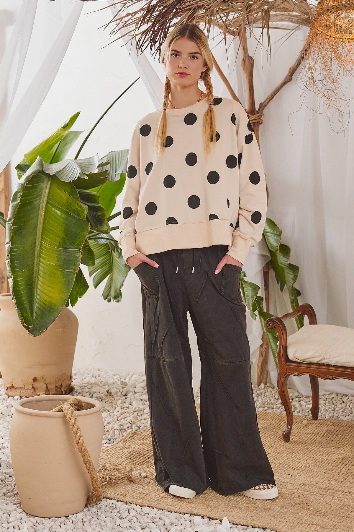 PLUS SIZE POLKA DOT SWEATSHIRT: Beige