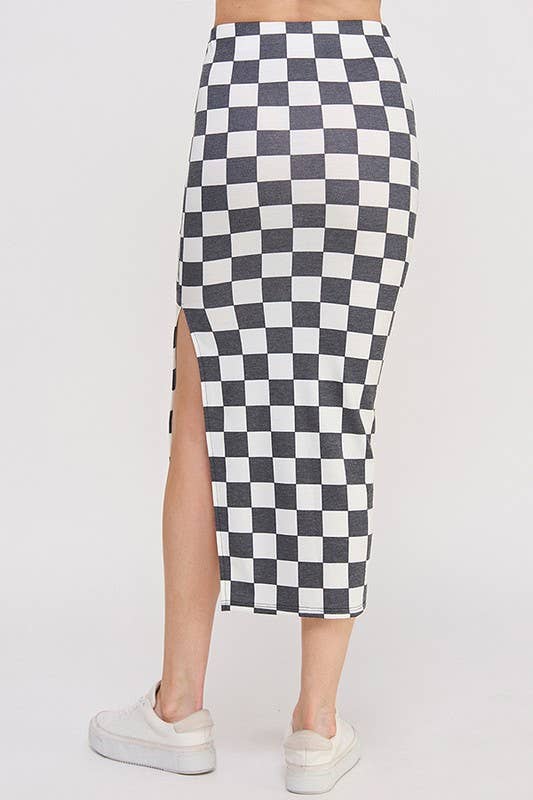 HI-WAIST CHECKERED MIDI PENCIL SKIRT w/ SIDE SLIT: BLACK/WHITE /