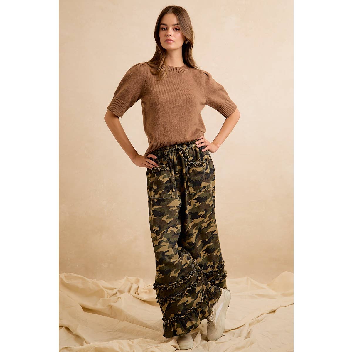 CAMOUFLAGE PRINTED TWILL RUFFLED DETAIL WIDE PANTS: CAMOUFLAGE / L 10-14