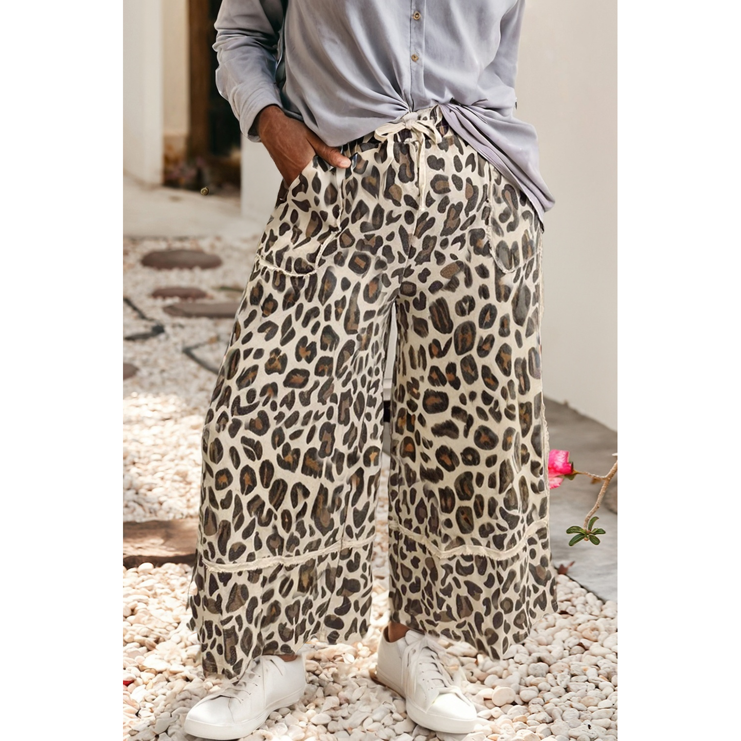 LDC Leopard Wide Leg Cropped Pants| Khaki /M
