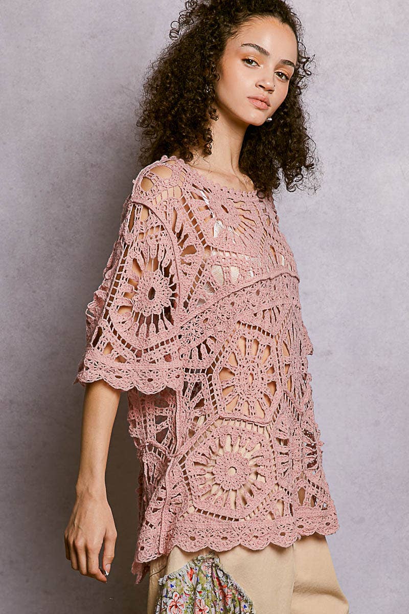 Round Neck Weaving Pattern Crochet half sleeve Top: Black / One Size Fits a Small to XXL
