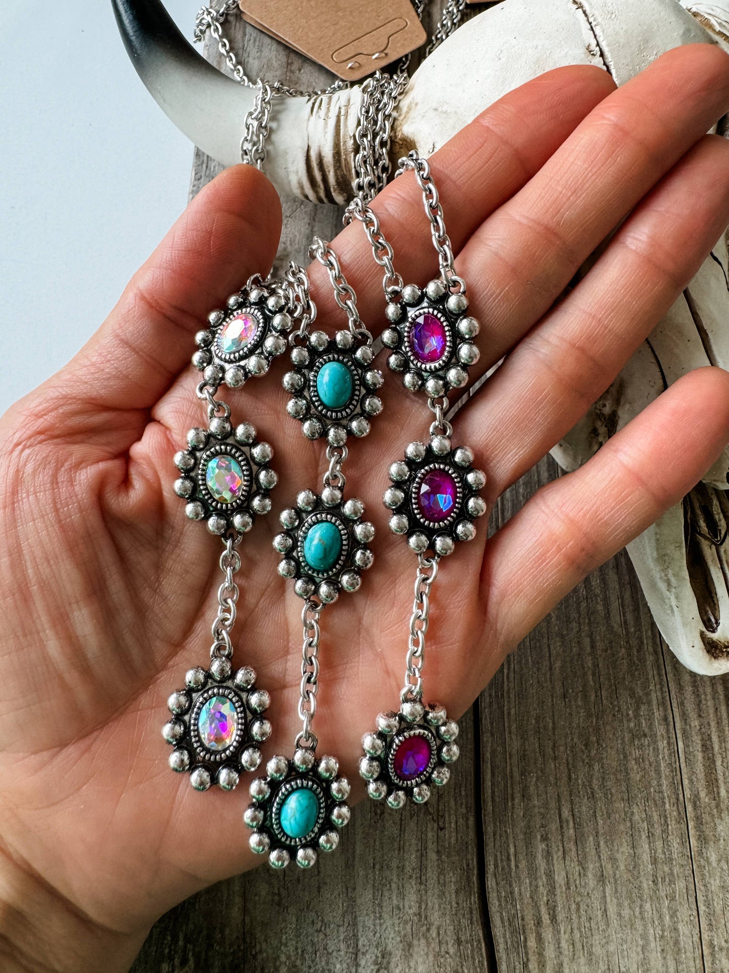 Western Glass Stone Y Necklace : CLEAR AB