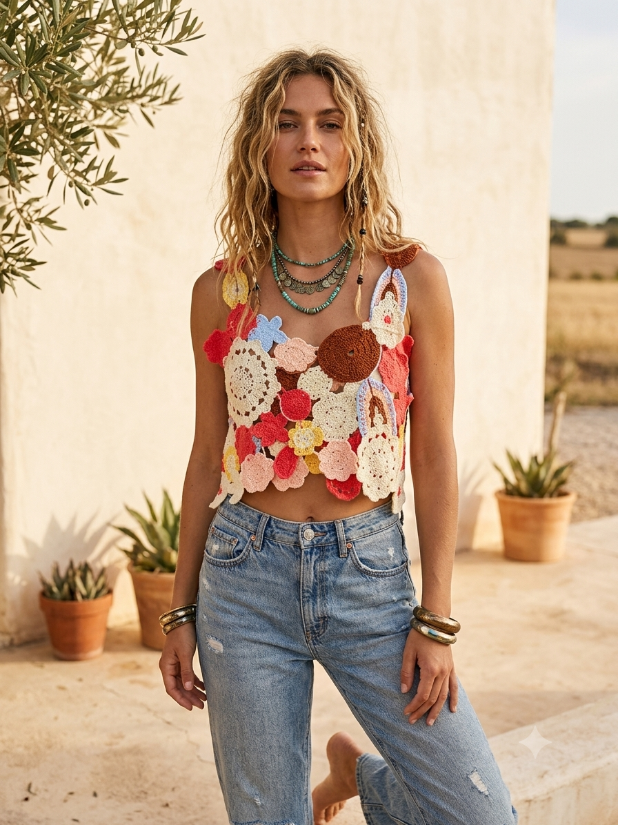 Pink Crochet Crop Top OS Fits Small to Large