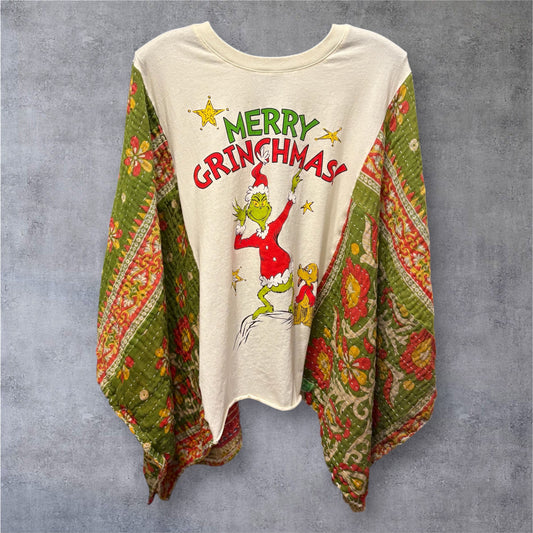 Merry Grinchmas Vintage Kantha Quilt Poncho Tee One Size Fits a Small to XXL
