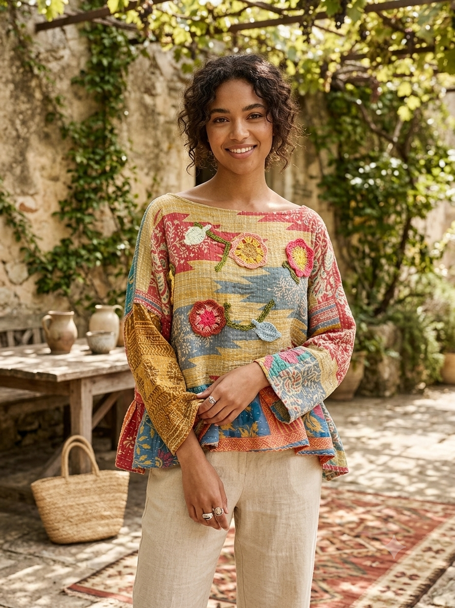 Crochet and Kantha Ruffled Hi/Lo Top