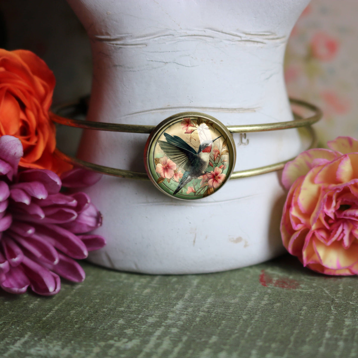 Hummingbird Art Nouveau Glass Cabochon Cuff Bracelet
