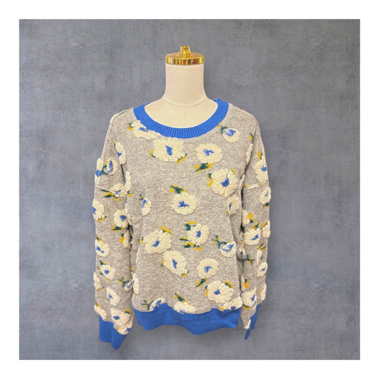 Grey Yarn Embroidered Floral  Sweater