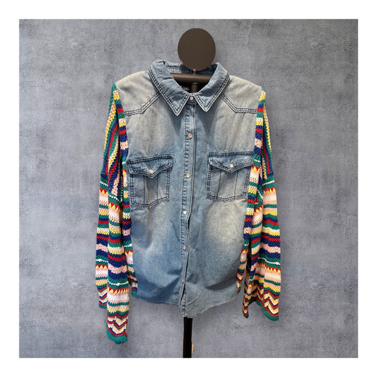 Crochet and Denim Upcycled Denim Sweater Shirt One Size Fits a Small to XXL